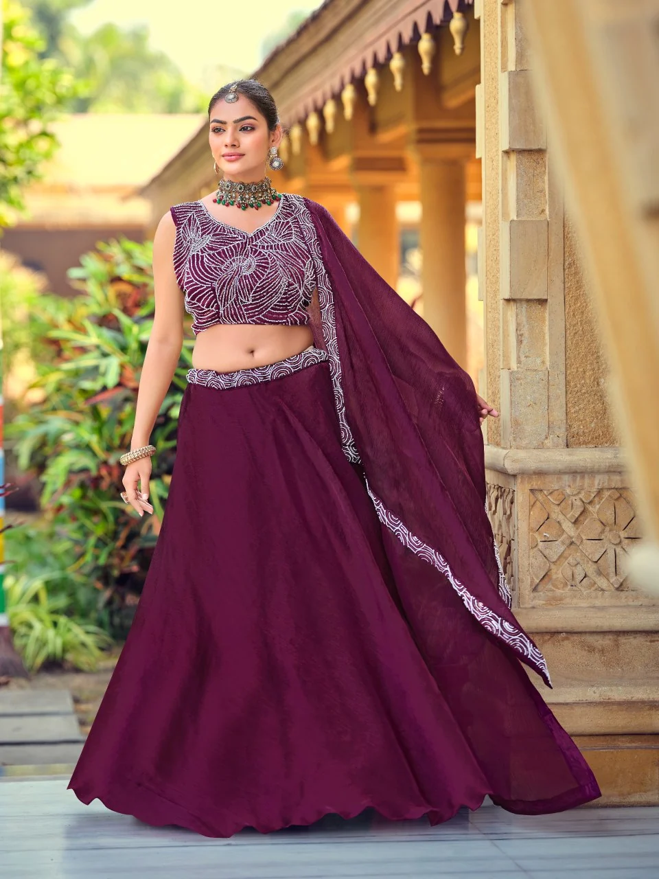 Premium Purple Silk Lehenga Choli with Beads Work Dupatta for Wedding & Festive Wear - Image 3