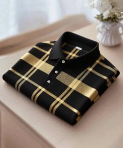 Men's Business Stripe Logo Print Lapel Button Short Sleeve Shirt Big & Tall