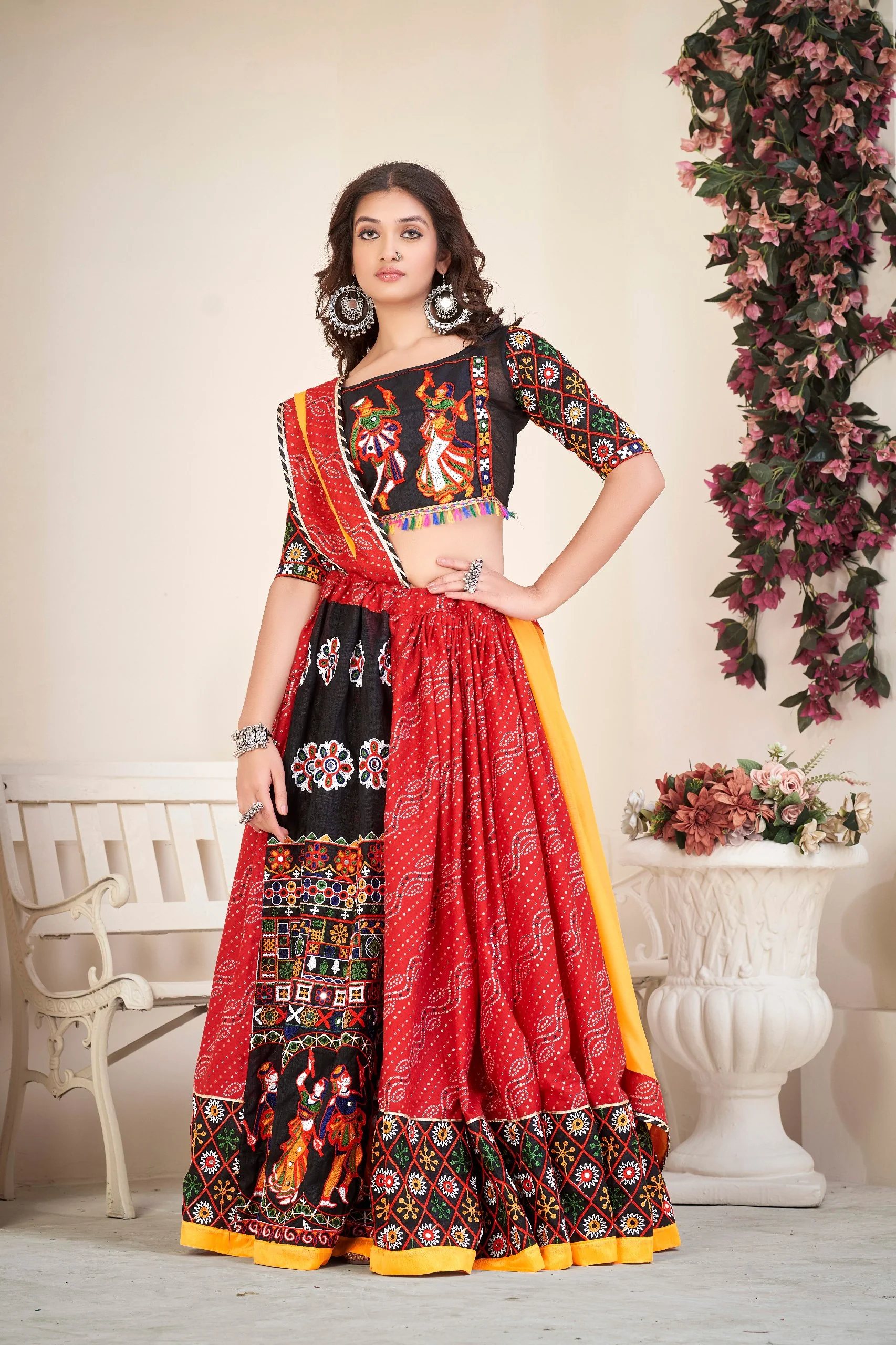 Navratri Special Red Bandhani Chaniya Choli with Mirror Work - Image 2