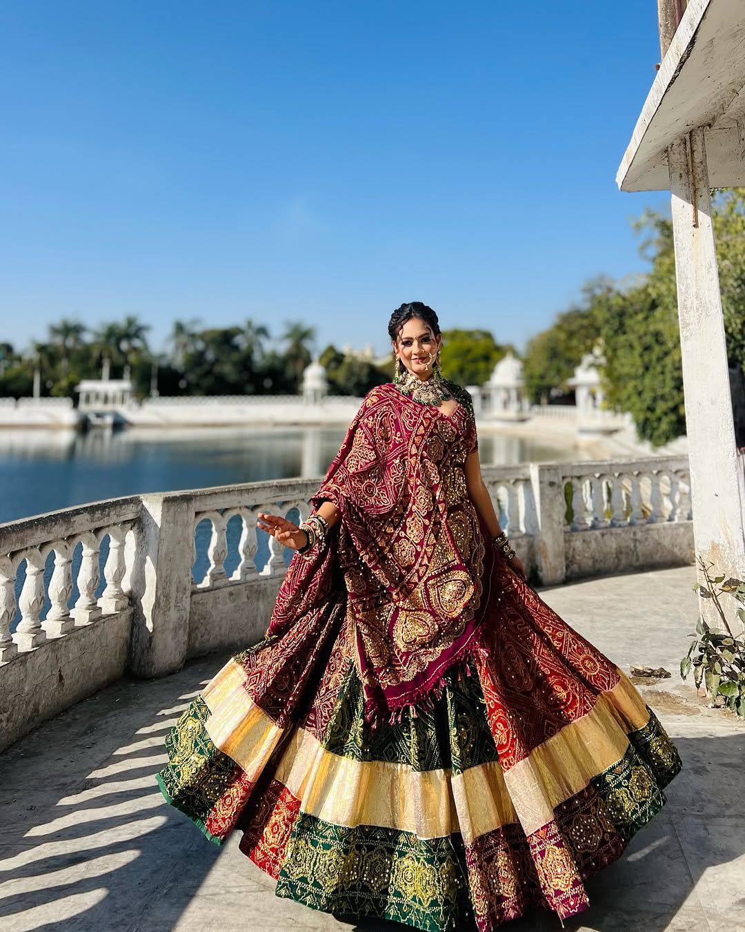 Green-Red Color Trendy Printed Mirror Work Navratri Lehenga Choli - Image 3