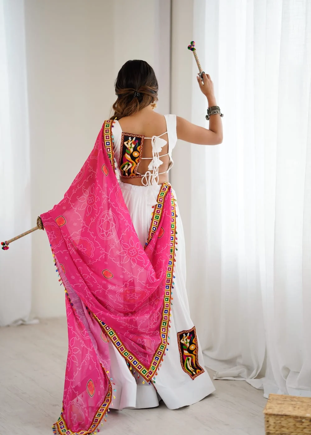 White Color Gamthi Work Rayon Navratri Lehenga Choli - Image 5