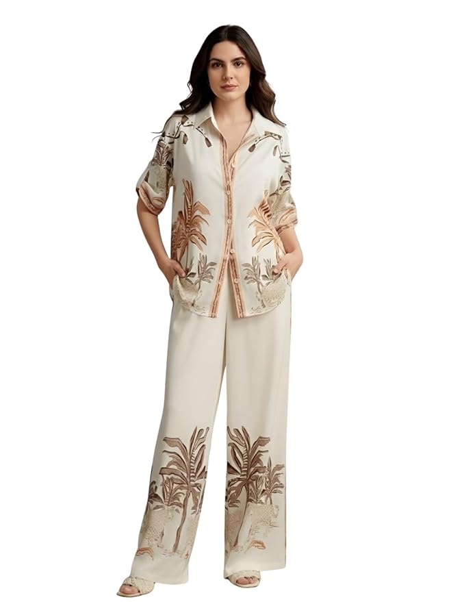 Sandi.blogWomen's Rayon Co-Ord Set | Printed Shirt and Pant Set for Women | Casual Two Piece Lounge Outfit | Western Outfit
