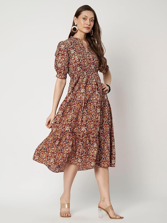 Women's Cotton Floral Printed Midi Dress | V-Neck Fit & Flare Dress with Puff Sleeves | Casual Summer Wear - Image 17