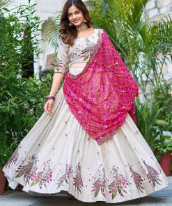 White-Chinon-Peacock-Print-Sequin-Lehenga-Choli-For-Women