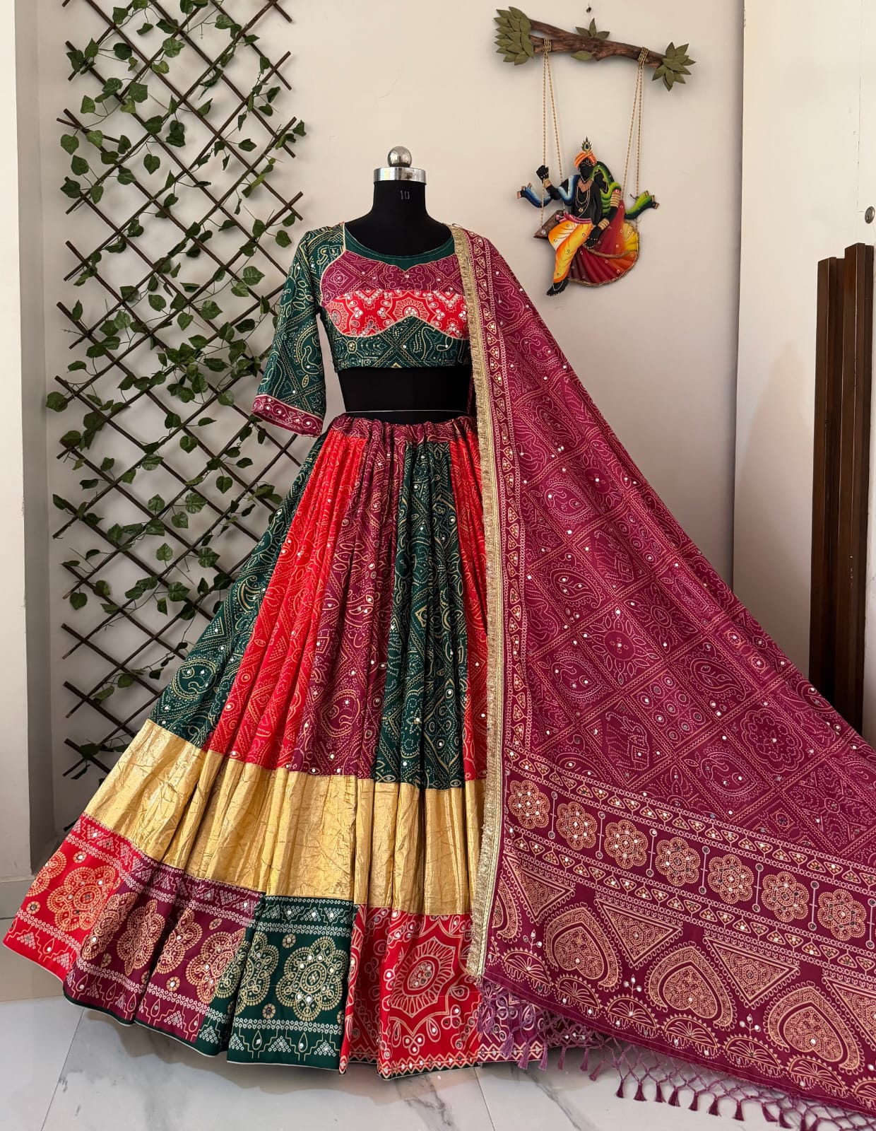 Green-Red Color Trendy Printed Mirror Work Navratri Lehenga Choli - Image 5