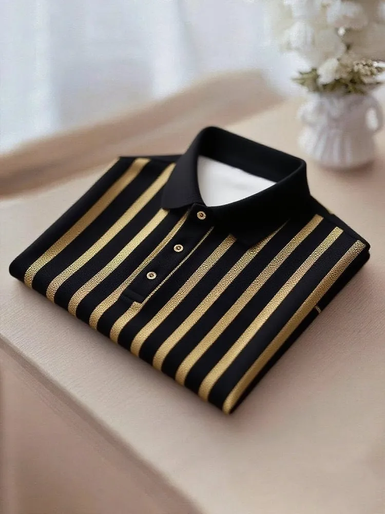 Men's Business Casual Gold and Black Stripe Button Short Sleeve Shirt