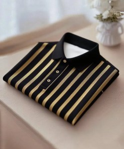 Men's Business Casual Gold and Black Stripe Button Short Sleeve Shirt