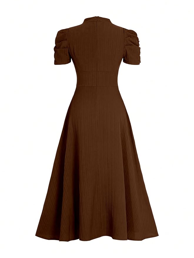 Women's Solid Color V-Neck A-Line Maxi Dress for Women | New Year Party Outfit | Waist Cinched Puff Sleeve Western | Elegant Casual Wear (Dress 246) - Image 2