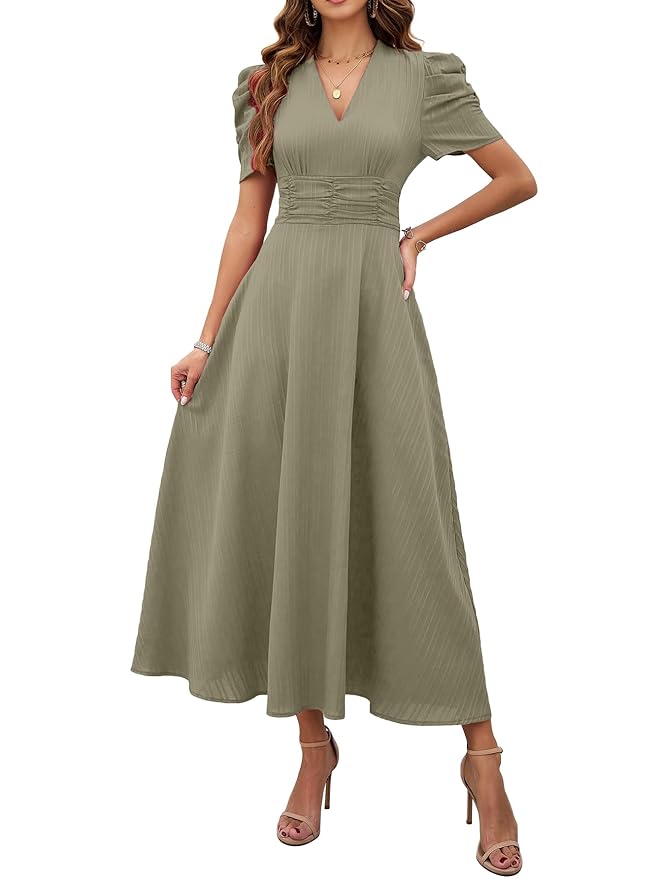 Women's Solid Color V-Neck A-Line Maxi Dress for Women | New Year Party Outfit | Waist Cinched Puff Sleeve Western | Elegant Casual Wear (Dress 246) - Image 16