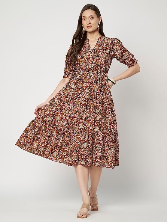Women's Cotton Floral Printed Midi Dress | V-Neck Fit & Flare Dress with Puff Sleeves | Casual Summer Wear - Image 18