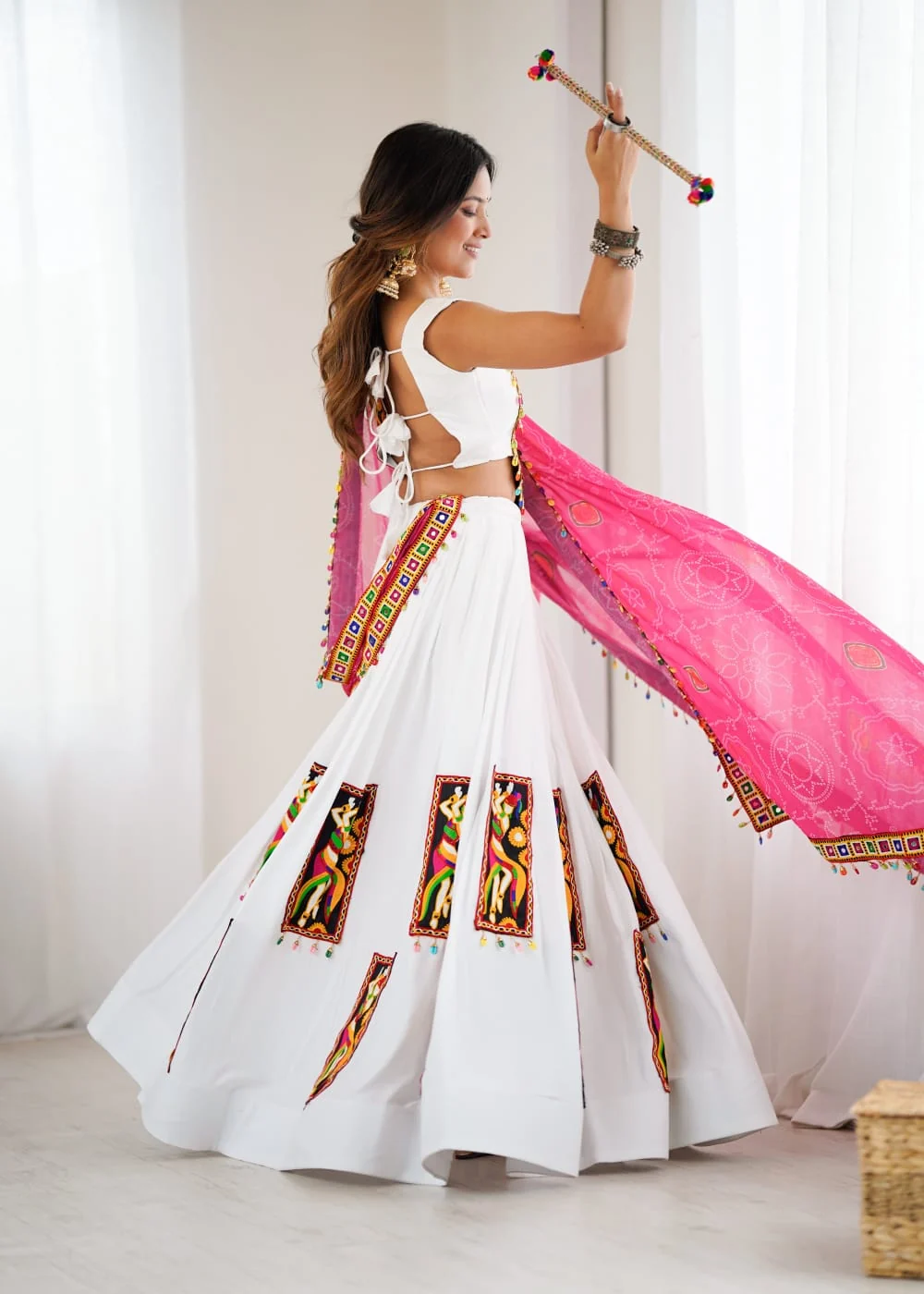 White Color Gamthi Work Rayon Navratri Lehenga Choli - Image 4