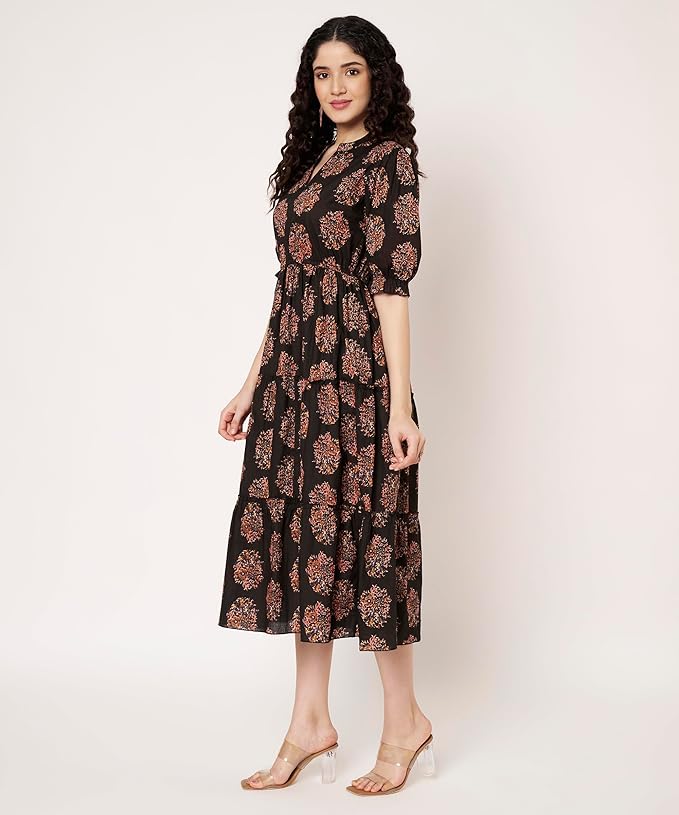 Women's Cotton Floral Printed Midi Dress | V-Neck Fit & Flare Dress with Puff Sleeves | Casual Summer Wear - Image 10