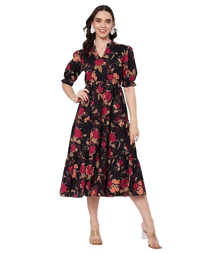 Women's Cotton Floral Printed Midi Dress | V-Neck Fit & Flare Dress with Puff Sleeves | Casual Summer Wear