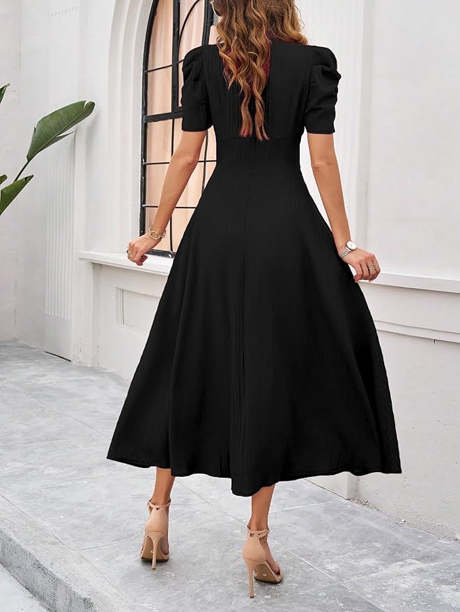 Women's Solid Color V-Neck A-Line Maxi Dress for Women | New Year Party Outfit | Waist Cinched Puff Sleeve Western | Elegant Casual Wear (Dress 246) - Image 7