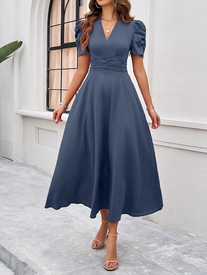 Women's Solid Color V-Neck A-Line Maxi Dress for Women | New Year Party Outfit | Waist Cinched Puff Sleeve Western | Elegant Casual Wear (Dress 246) - Image 24