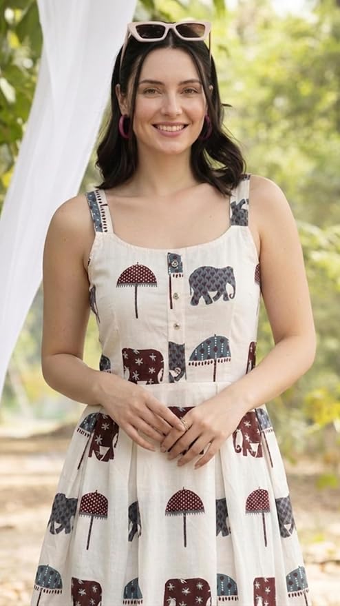 Women's Cotton Printed Midi Dress | Sleeveless Square Neck Casual Summer Dress for Women | Stylish Vacation Dress - Image 2