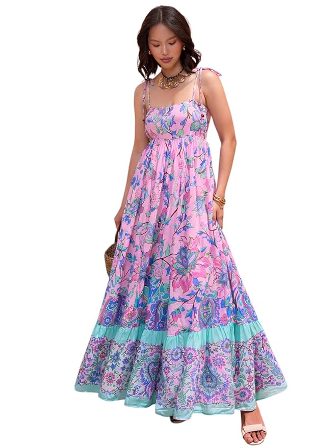Women’s Floral Strappy Tie-Up Maxi – Boho Fusion Resort Summer Cotton Casual Wear Dress - Image 35
