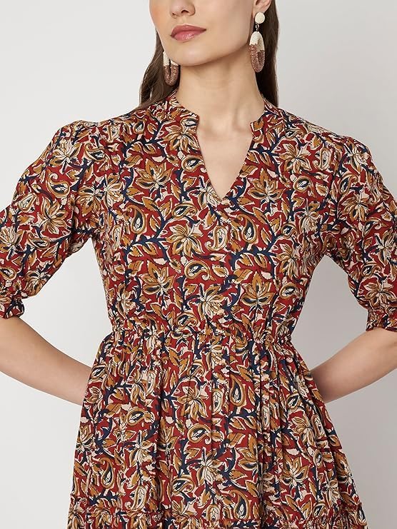 Women's Cotton Floral Printed Midi Dress | V-Neck Fit & Flare Dress with Puff Sleeves | Casual Summer Wear - Image 19