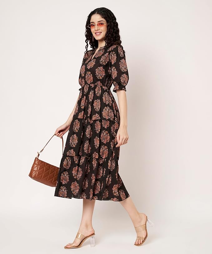 Women's Cotton Floral Printed Midi Dress | V-Neck Fit & Flare Dress with Puff Sleeves | Casual Summer Wear - Image 11