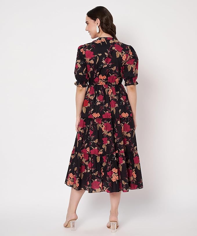 Women's Cotton Floral Printed Midi Dress | V-Neck Fit & Flare Dress with Puff Sleeves | Casual Summer Wear - Image 4