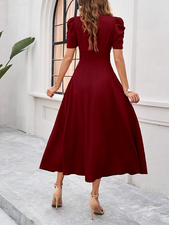 Women's Solid Color V-Neck A-Line Maxi Dress for Women | New Year Party Outfit | Waist Cinched Puff Sleeve Western | Elegant Casual Wear (Dress 246) - Image 15