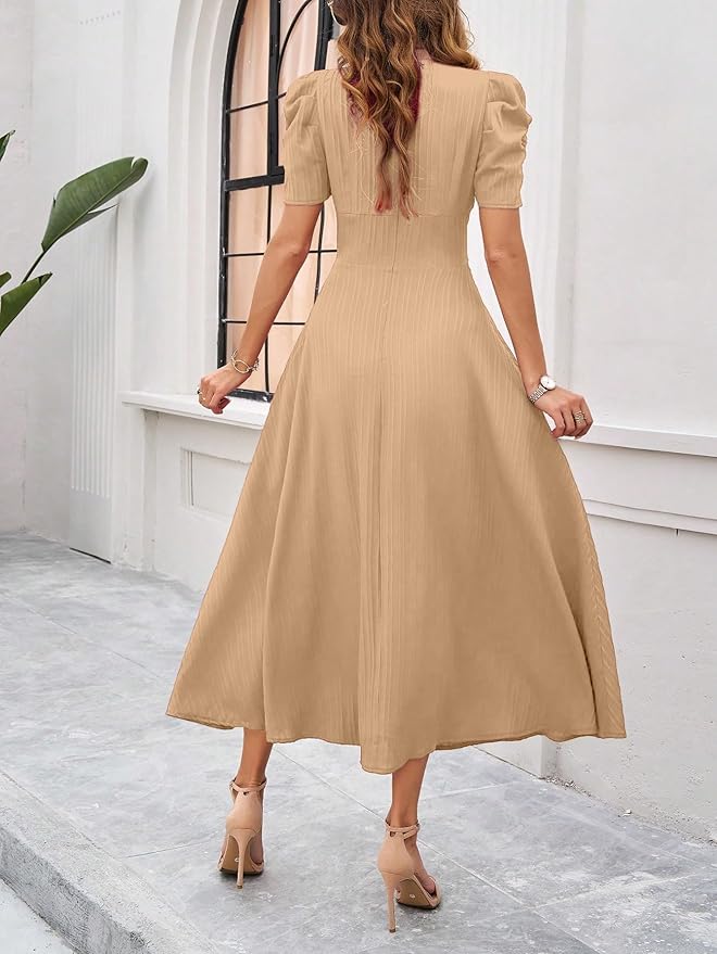 Women's Solid Color V-Neck A-Line Maxi Dress for Women | New Year Party Outfit | Waist Cinched Puff Sleeve Western | Elegant Casual Wear (Dress 246) - Image 20