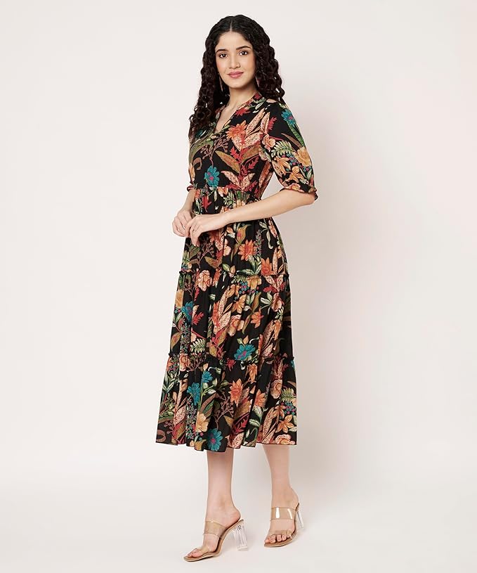 Women's Cotton Floral Printed Midi Dress | V-Neck Fit & Flare Dress with Puff Sleeves | Casual Summer Wear - Image 24