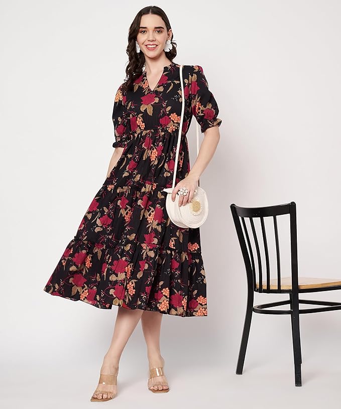 Women's Cotton Floral Printed Midi Dress | V-Neck Fit & Flare Dress with Puff Sleeves | Casual Summer Wear - Image 2