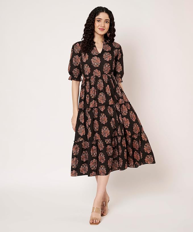 Women's Cotton Floral Printed Midi Dress | V-Neck Fit & Flare Dress with Puff Sleeves | Casual Summer Wear - Image 9
