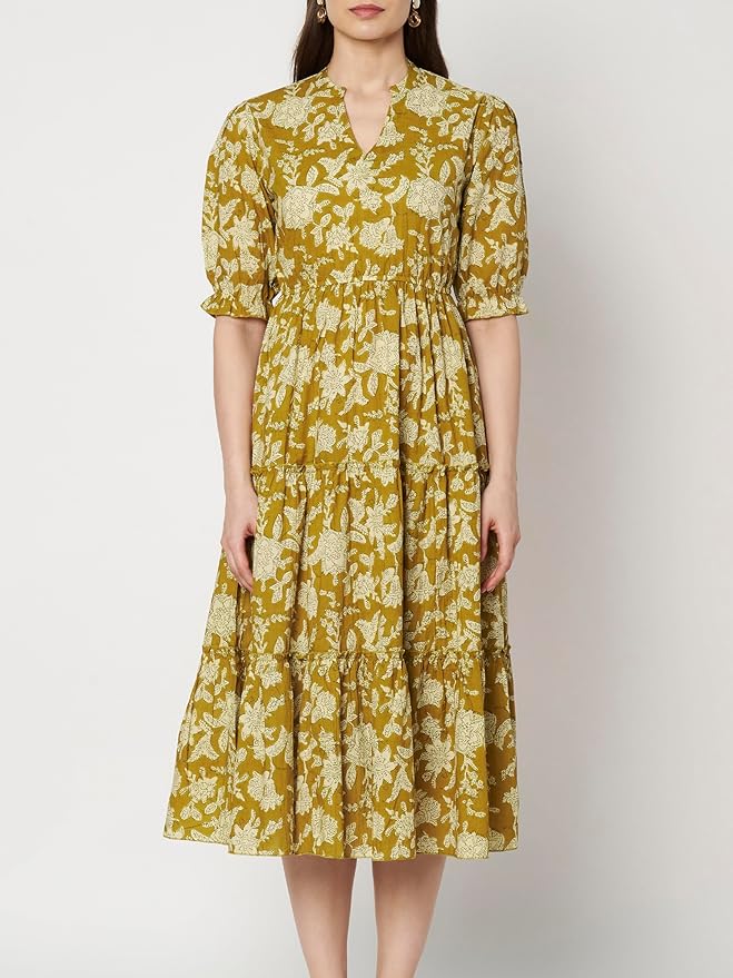 Women's Cotton Floral Printed Midi Dress | V-Neck Fit & Flare Dress with Puff Sleeves | Casual Summer Wear - Image 5
