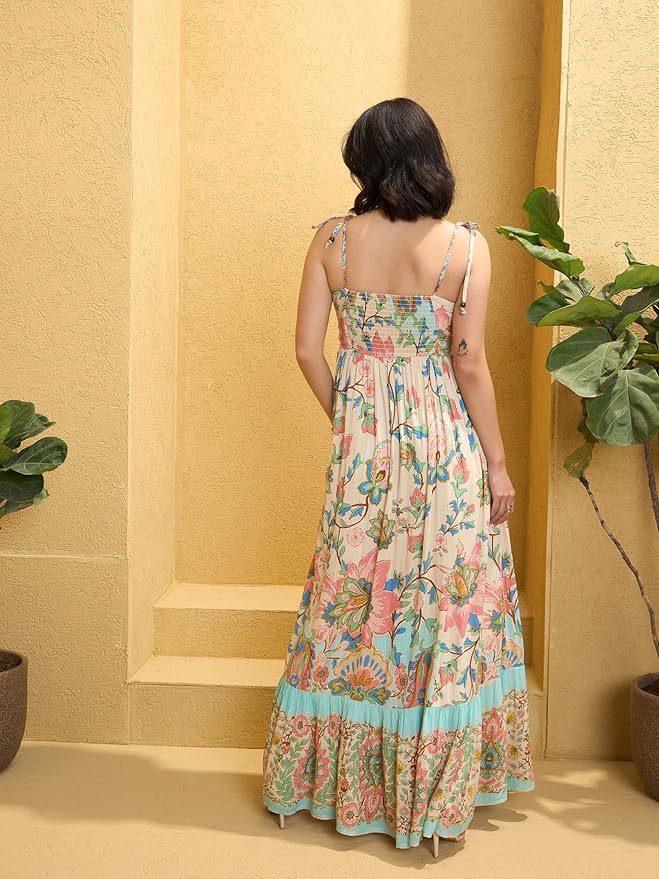 Women’s Floral Strappy Tie-Up Maxi – Boho Fusion Resort Summer Cotton Casual Wear Dress - Image 6