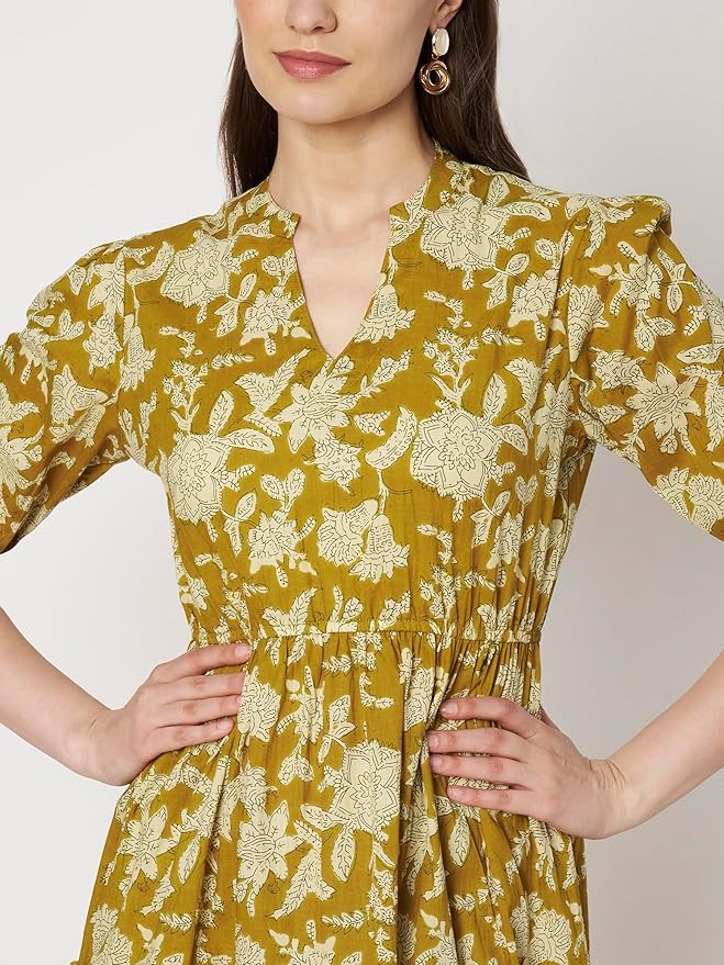 Women's Cotton Floral Printed Midi Dress | V-Neck Fit & Flare Dress with Puff Sleeves | Casual Summer Wear - Image 7