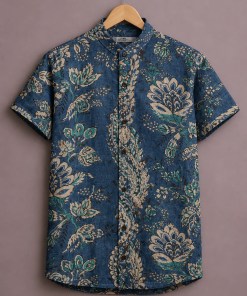 ForeverChoice™ Premium Floral Printed Shirt for Men – Elegant Blue Designer Half Sleeve Casual Shirt