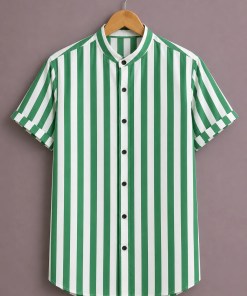 ForeverChoice™ Premium Vertical Stripe Shirt for Men – Green & White Designer Half Sleeve Casual Shirt