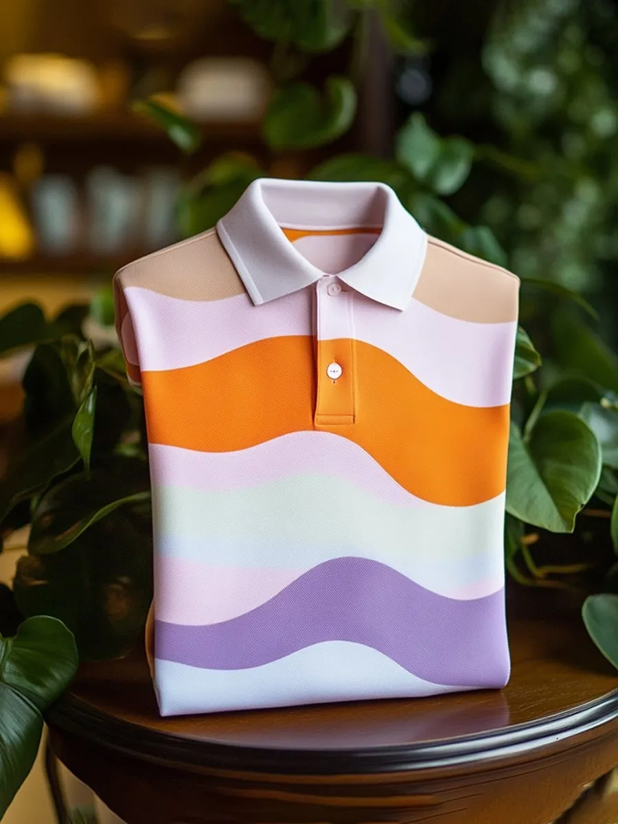 Men's Classic Business Wave Stripe Logo Button Short Sleeve Shirt