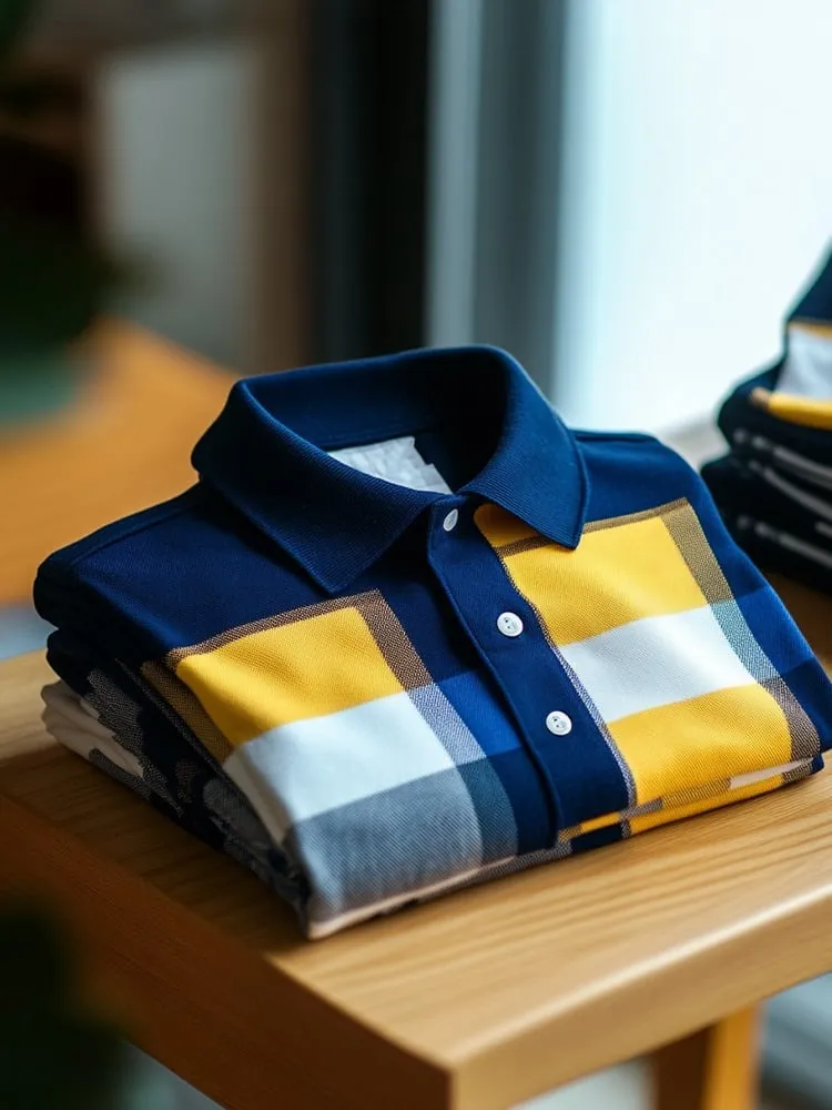 Men's Business Casual Blue and Yellow Block Button Short Sleeve Shirt