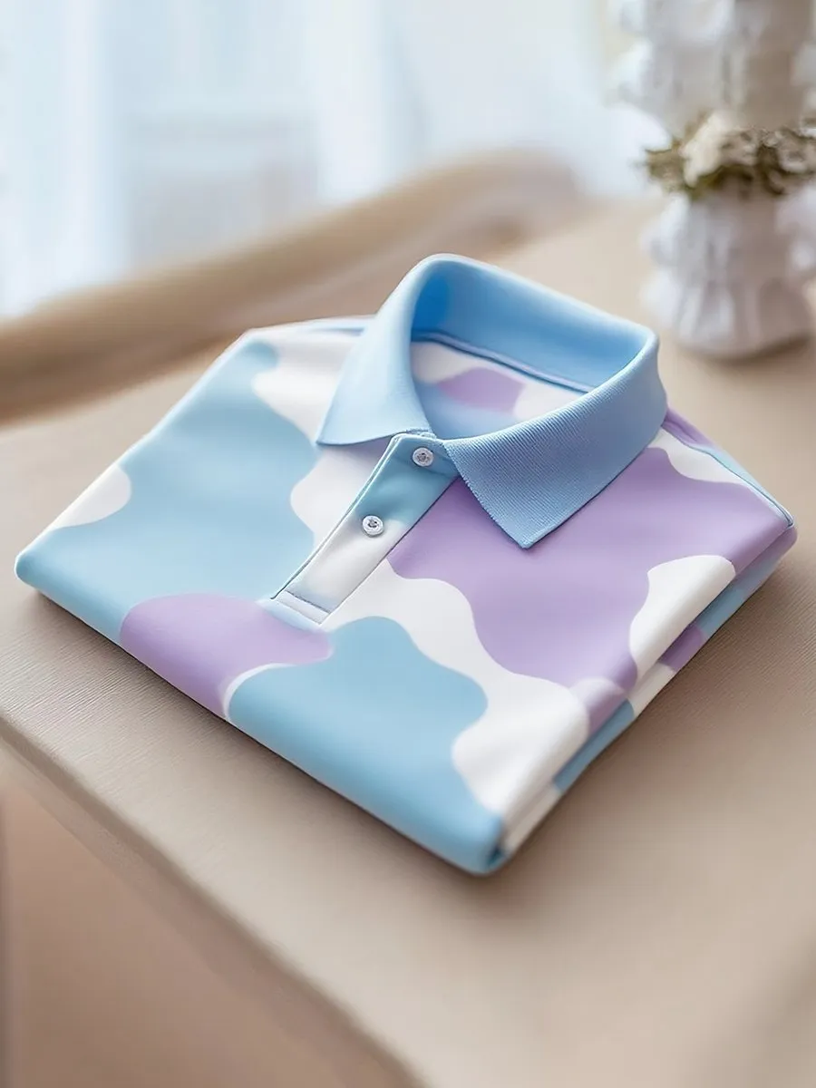 Men's Classic Business Stripe Logo Button Short Sleeve Shirt