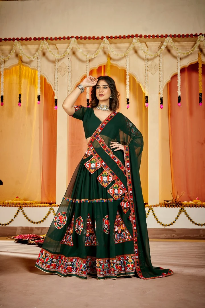 Navratri Special Green Georgette Chaniya Choli with Traditional Kutchi Mirror Work - Image 6