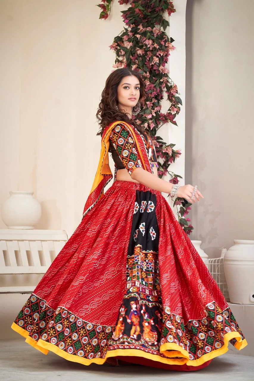 Navratri Special Red Bandhani Chaniya Choli with Mirror Work - Image 3