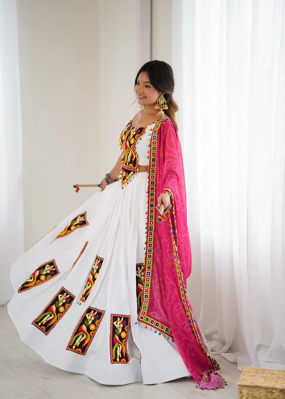 White Color Gamthi Work Rayon Navratri Lehenga Choli - Image 3