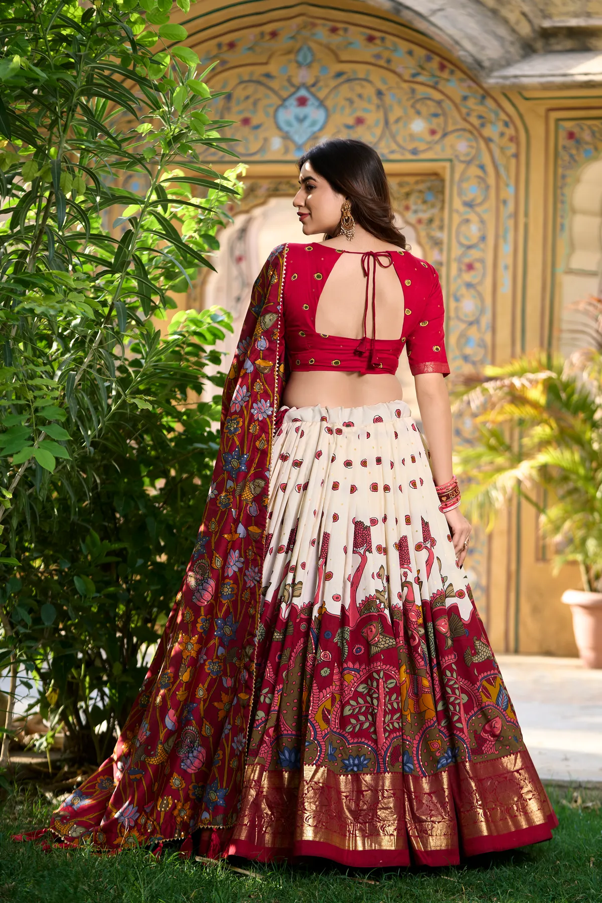 White Tasar Silk Printed Flared Lehenga Choli For Women - Image 3