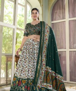 green Tasar Silk Printed Flared Lehenga Choli For Women