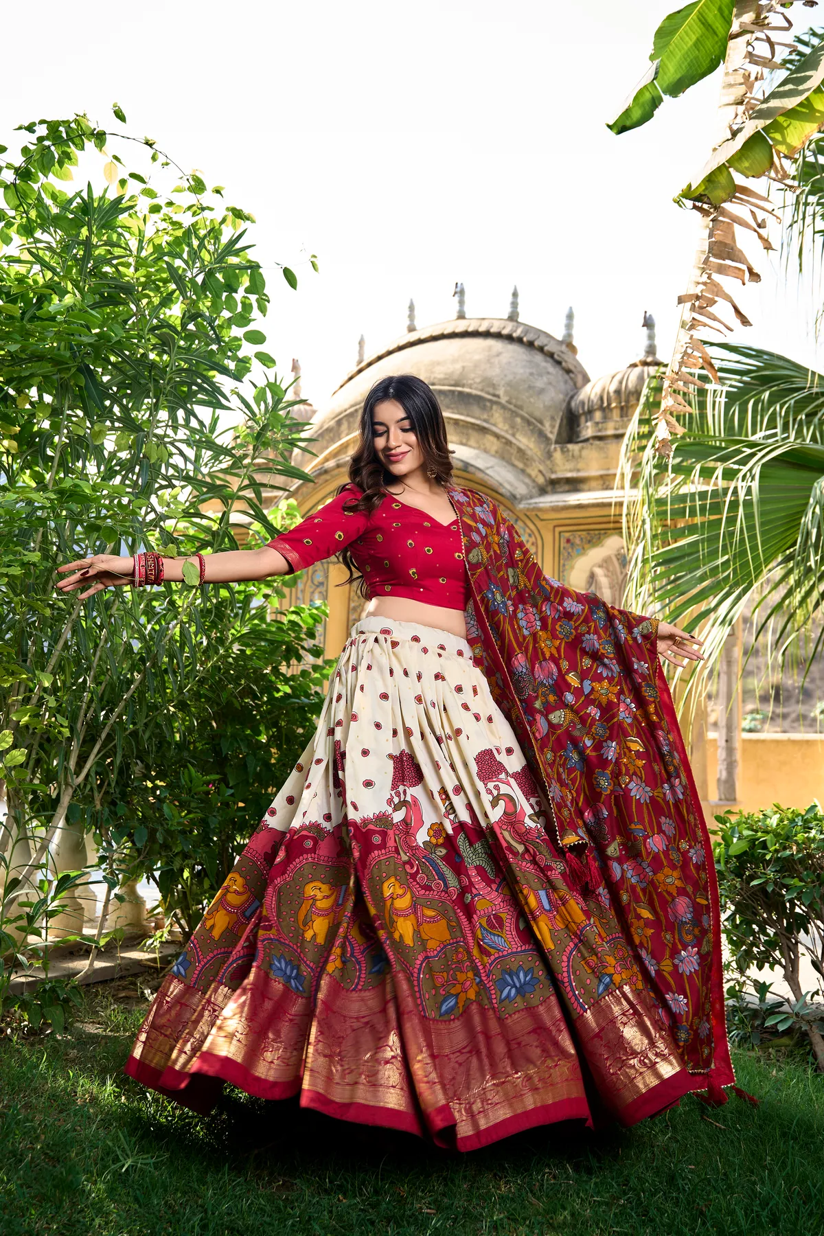 White Tasar Silk Printed Flared Lehenga Choli For Women - Image 4